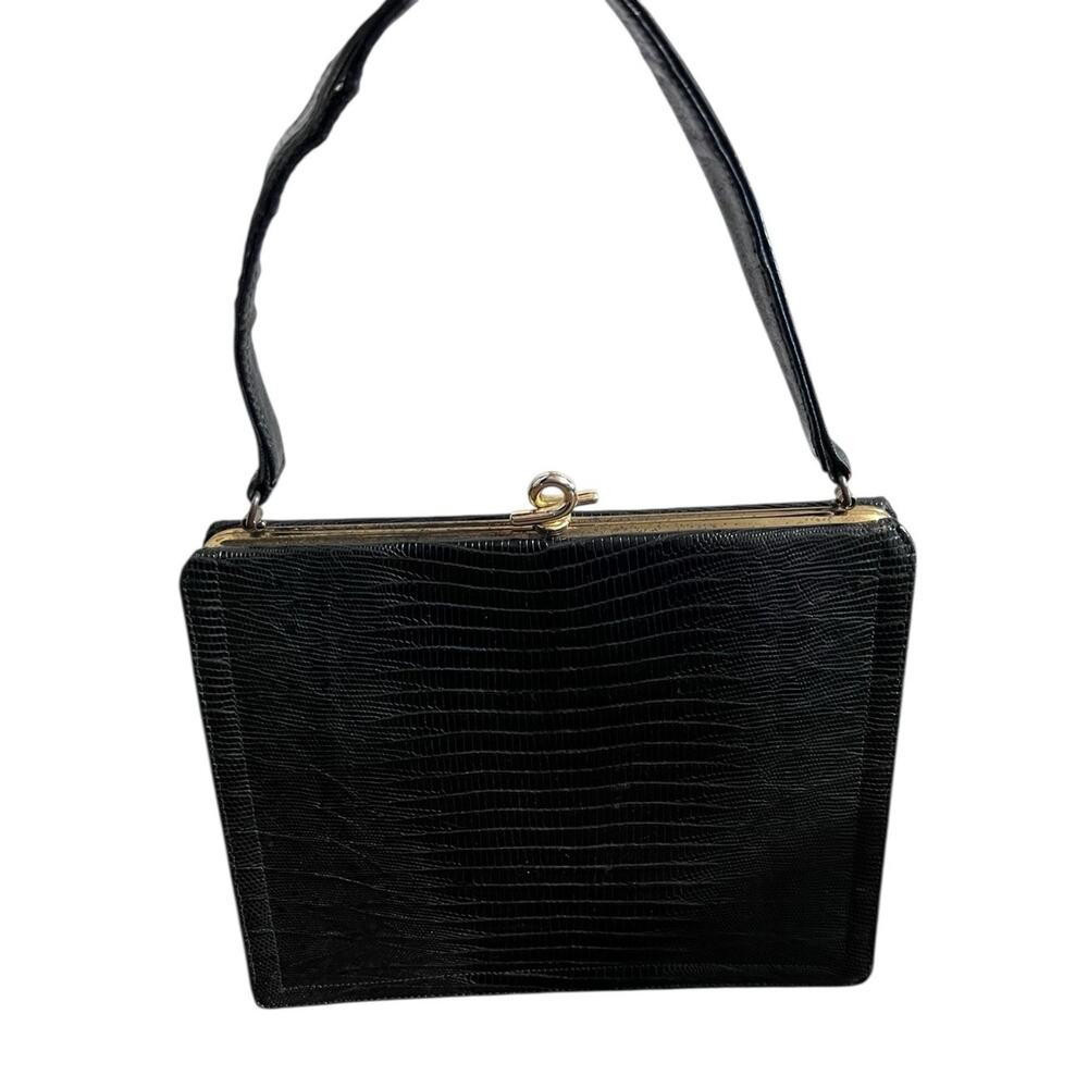 Vintage Escort Purse Bag Black Alligator Leather Frame Handbag Goldtone Clasp